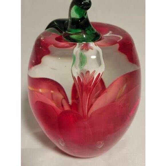Joe Rice Art Glass Paperweight Red Apple Windowed Clear Glass w/ red floral NICE - Picture 10 of 16